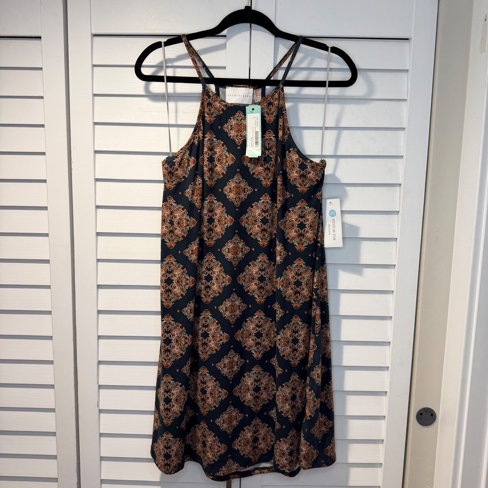 French Grey Melcy Brushed Knit Dress XL Dark Green‎ Orange Medallion Stitch Fix